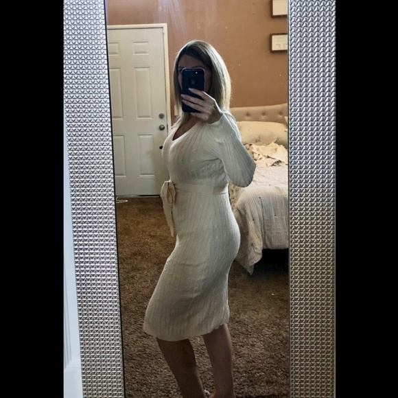 Merokeety Women's V-Neck Cable Knit Sweater Dress w Belt Apricot Stunning XL NWT - Picture 14 of 14